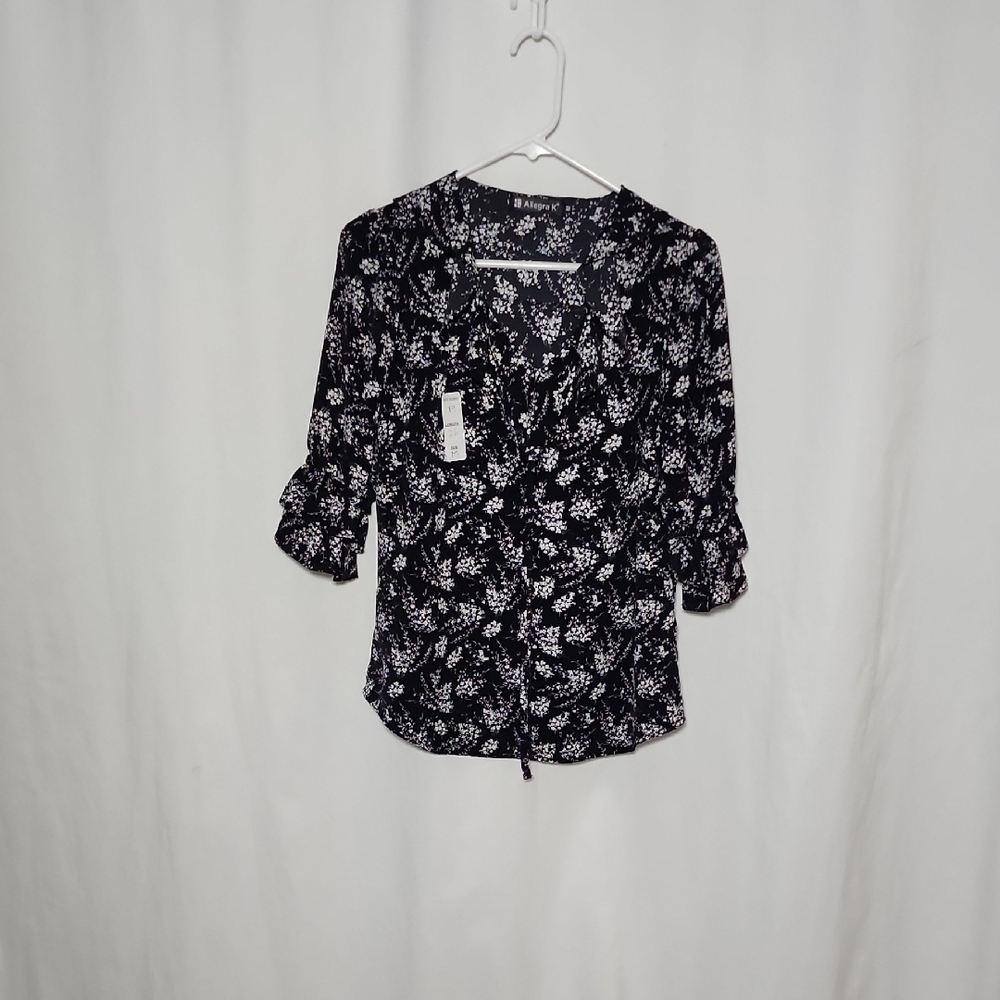 Allegra K Women's Elegant Black and White Patterned Blouse - Picture 2 of 7